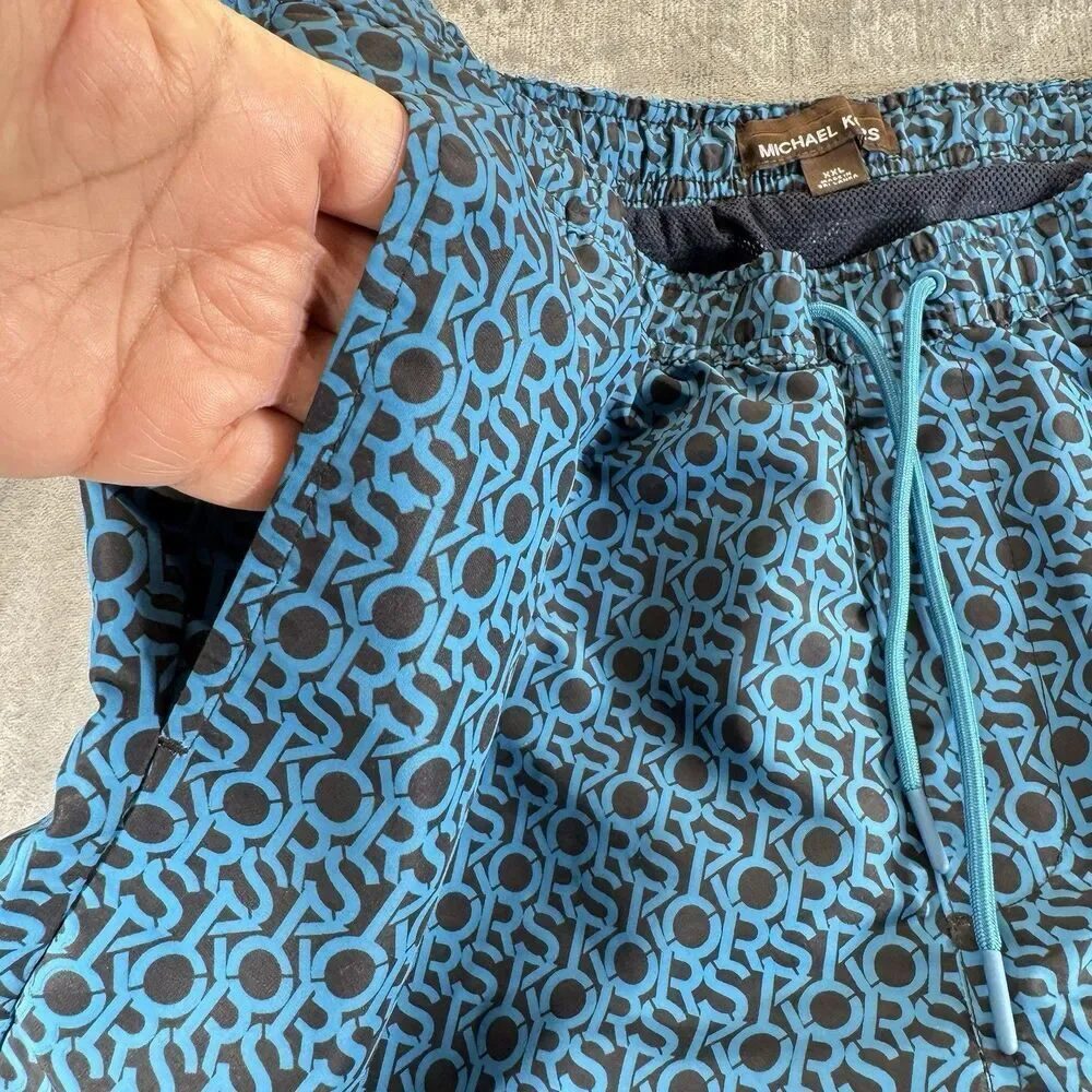 Michael Kors Sz XXL Mens Swim Shorts Allover AOP Logo Spelling BLUE Black